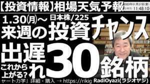 【相場天気予報(総合投資情報)】来週、１月30日(月)～の投資チャンス！出遅れ30銘柄！　日経平均は堅調に上昇しているが、そろそろピーク圏に到達しそうだ。今日は出遅れ銘柄に注目し、投資チャンスを探る。